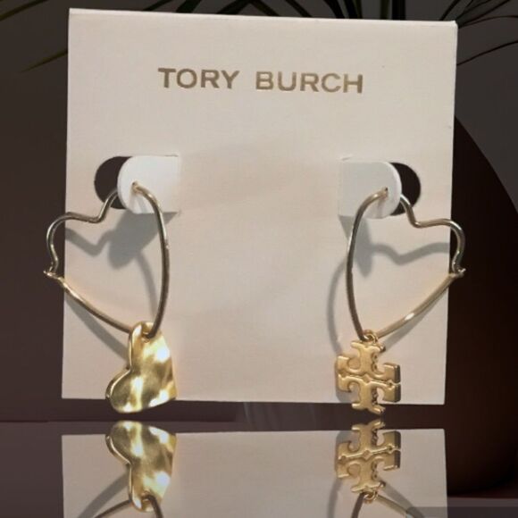 TORY BURCH HEART & LOGO DROP DANGLE EARRINGS 18K GOLD PLATED - Picture 5 of 6